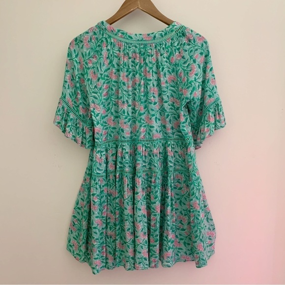 Kos Resort Floral Mini Dress XS Green Short Sleeves - Picture 5 of 9